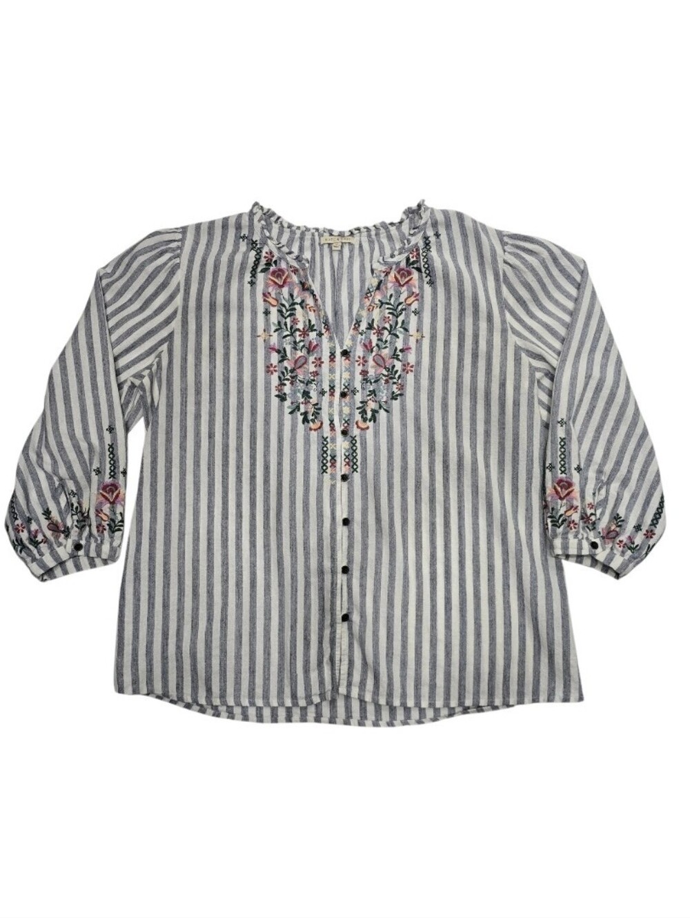 Striped Floral Embroidered Blouse Boho Peasant Cottagecore Coastal M - Picture 5 of 8